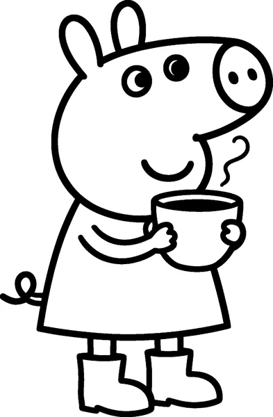 Peppa Pig holds a warm mug of hot cocoa with a curl of steam rising beside her smiling face.