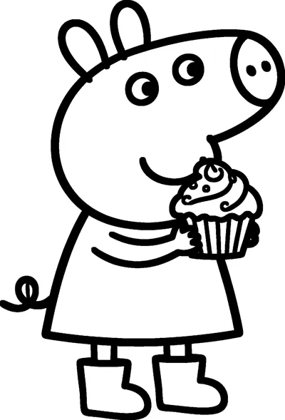 Peppa Pig holds a swirly frosted cupcake up to her mouth, ready for a tasty bite, while wearing her wellies.