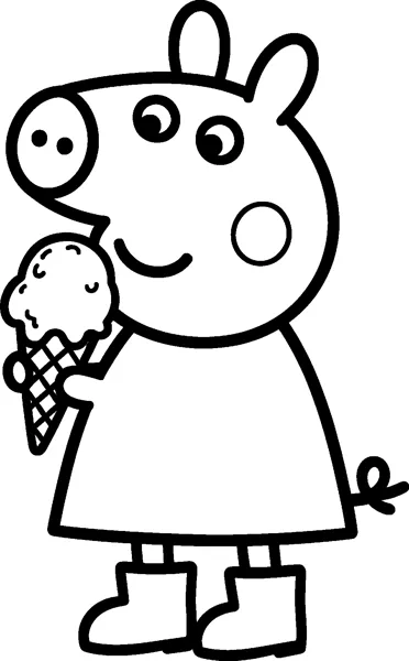 Peppa Pig holds a crisp waffle cone topped with a scoop of ice cream right up to her smiling mouth.