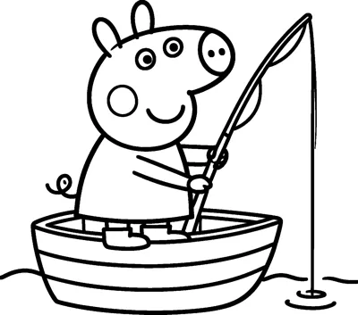 Peppa Pig stands in a small wooden rowing boat holding a fishing rod, with the line dropping into the water.