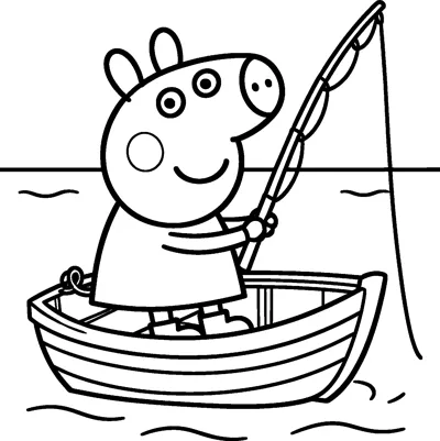 Peppa Pig stands in a wooden rowing boat on calm water, holding a fishing rod with its line in the lake.