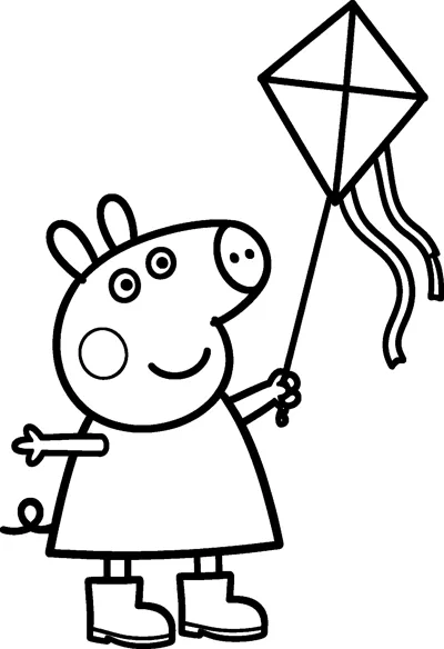 Peppa Pig holds the string of a diamond-shaped kite with long ribbon tails flying high above her.