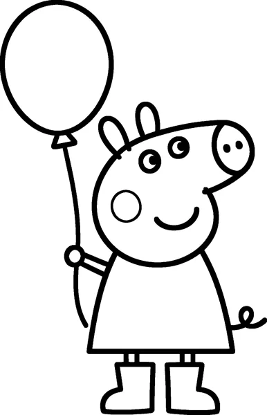 Peppa Pig stands smiling and holds the string of a big round balloon floating above her head.