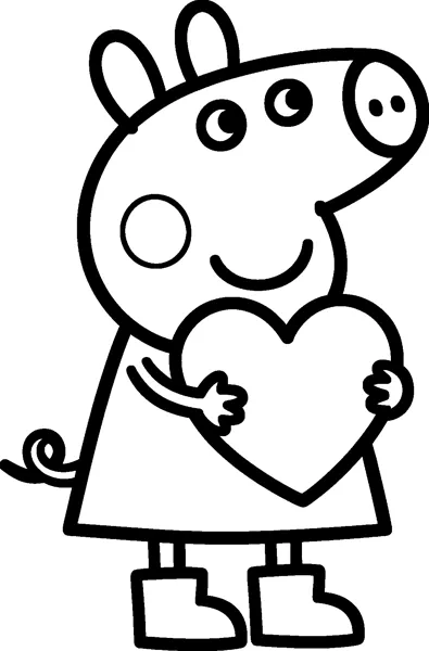 Peppa Pig hugs a large heart shape in front of her dress, smiling sweetly as she stands in her boots.