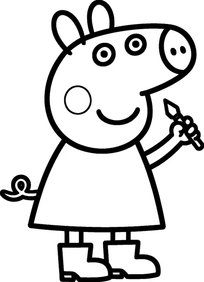 Peppa Pig stands smiling and holds up a small paintbrush in one hand, wearing her dress and wellington boots.