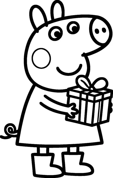 Peppa Pig holds a wrapped present with a big bow on top, smiling as she stands in her wellington boots.