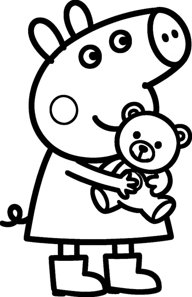 Peppa Pig hugs a fluffy teddy bear tightly in both arms, smiling as she stands in her wellington boots.