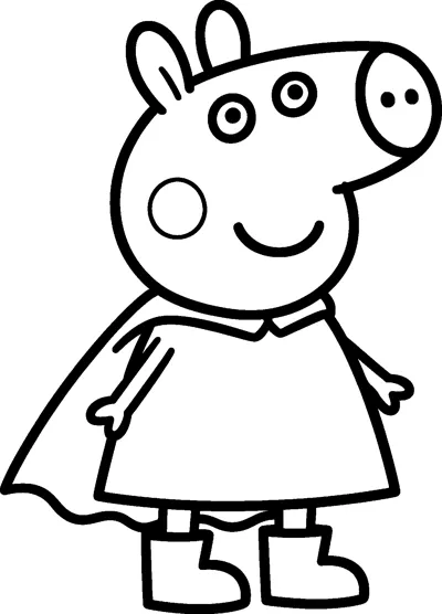 Peppa Pig stands proudly in a long flowing superhero cape over her dress, smiling in her wellington boots.