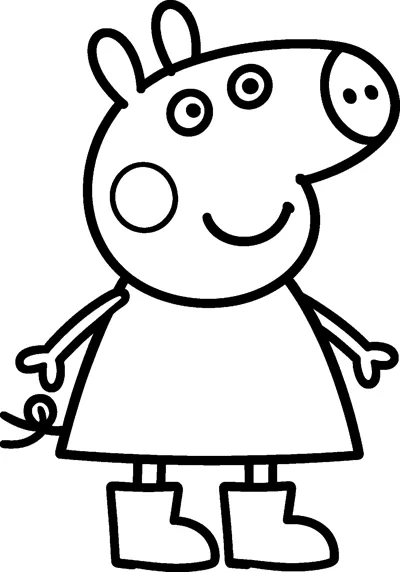 Peppa Pig stands smiling with her arms out, wearing her simple dress and a pair of chunky wellington boots.