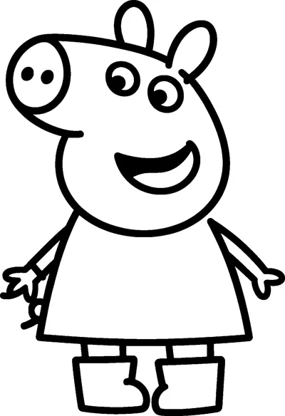 Peppa Pig stands with her arms out and her mouth wide open in a big happy laugh, wearing boots.