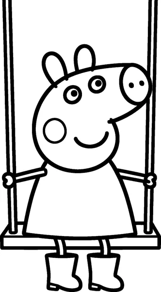 Peppa Pig sits on a wooden swing, holding the ropes with both hands and smiling with her boots dangling.