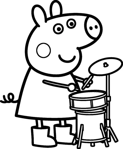 Peppa Pig plays a drum kit with a drumstick in each hand, hitting the drum and a shiny cymbal.