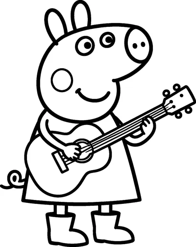 Peppa Pig stands strumming an acoustic guitar, smiling as she plays a tune in her dress and boots.