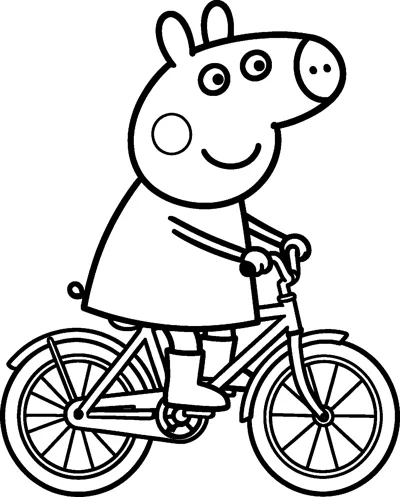 Peppa Pig pedals a bicycle with spoked wheels and mudguards, smiling as she holds the handlebars.