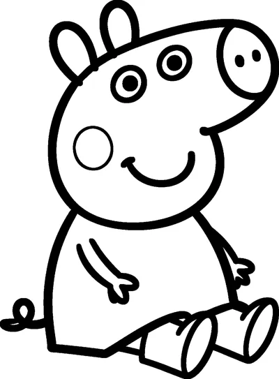 Peppa Pig sits on the ground with her legs stretched out in front, smiling happily in her wellington boots.