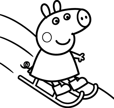Peppa Pig rides a wooden sled down a snowy hill, smiling as she holds on with her boots on the runners.