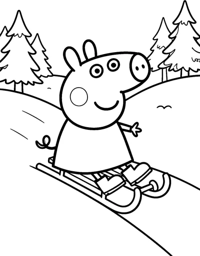 Peppa Pig rides a sled down a snowy hill with tall pine trees and rolling slopes behind her.