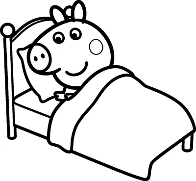Peppa Pig lies in a wooden bed with her head on a pillow and a big blanket pulled up to her chin.