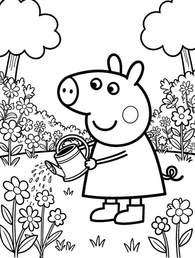 Peppa Pig waters a garden full of flowers with a watering can, surrounded by bushes, trees and blooms.