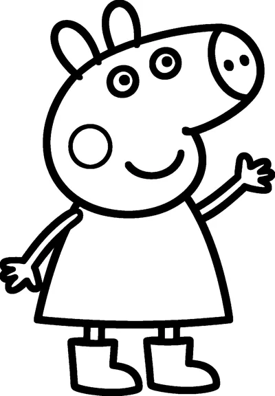 Peppa Pig waves hello with one hand raised high, smiling as she stands in her dress and wellington boots.