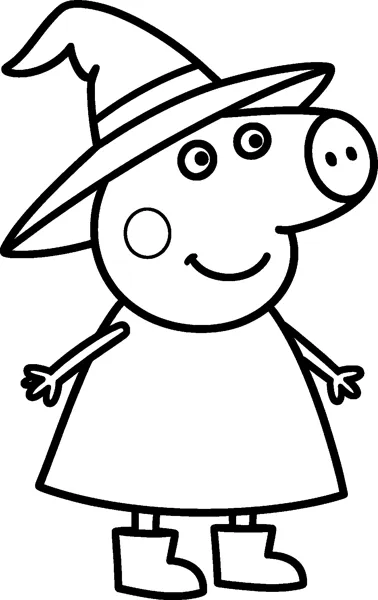 Peppa Pig wears a tall pointed witch hat with a band, standing ready for Halloween in her dress and boots.