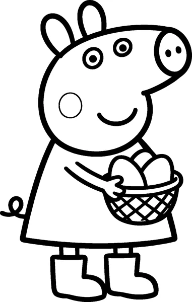 Peppa Pig carries a woven basket full of Easter eggs, smiling as she stands in her wellington boots.