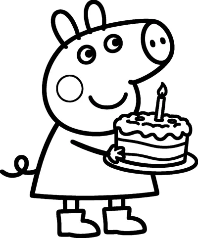 Peppa Pig holds a birthday cake on a plate with a single lit candle on top, smiling in her boots.