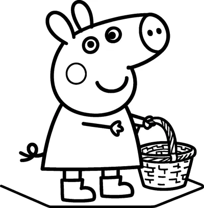 Peppa Pig stands on a picnic blanket beside a woven basket filled with food, smiling in her boots.
