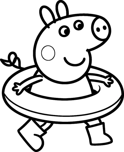 Peppa Pig wears a big round rubber ring around her middle, holding it with both arms as she walks along.