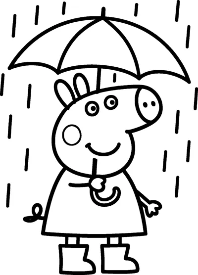 Peppa Pig stands under a large open umbrella while rain falls all around her and her wellington boots.