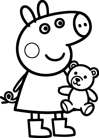 Peppa Pig stands smiling in her wellington boots while holding a small teddy bear at her side.
