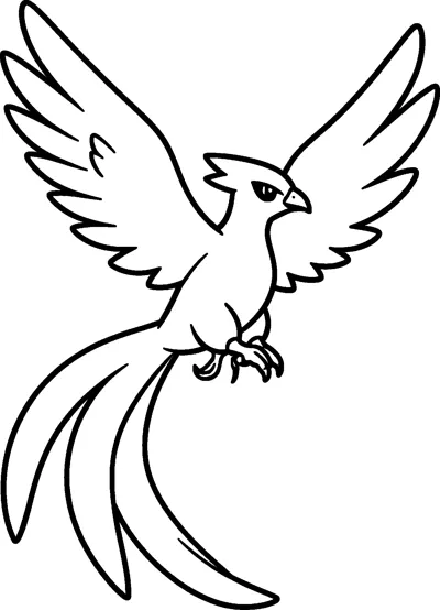 Line drawing of Articuno, the legendary bird Pokémon, flying with wide feathered wings, a crested head and a very long flowing tail.
