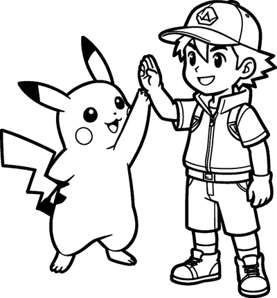 Line drawing of Ash Ketchum in his cap and jacket giving a cheerful high five to a smiling Pikachu standing beside him.