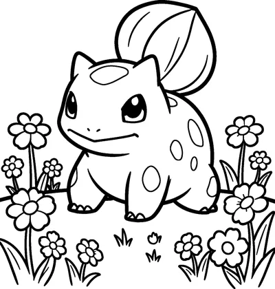 A line drawing of Bulbasaur sitting among tall flowers and grass, with its large bulb on its back and spotted body.