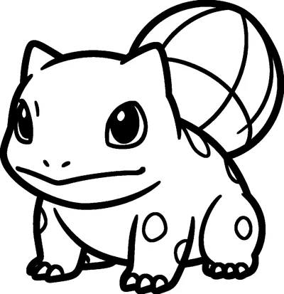 Bulbasaur stands on four short legs with a gentle smile, spots on its body and a large round plant bulb on its back.