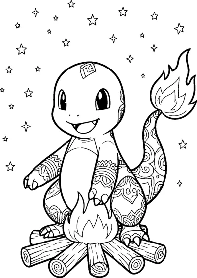 A detailed line drawing of Charmander sitting beside a log campfire under a sky of stars, its arms and tail covered in swirl patterns.