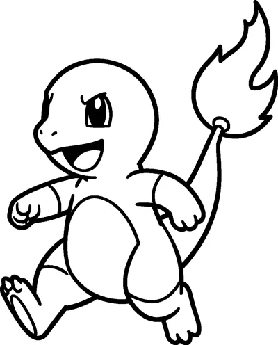 A line drawing of Charmander running sideways with fists clenched, its mouth open and a tall flame streaming from its tail.
