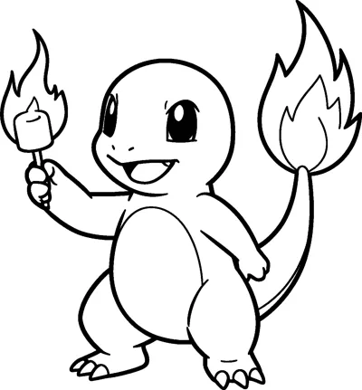 A line drawing of Charmander holding a marshmallow on a stick that has caught fire, with a big flame on its tail.