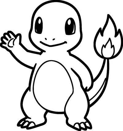 A simple line drawing of Charmander standing up, waving one hand, with a flame burning on the tip of its tail.