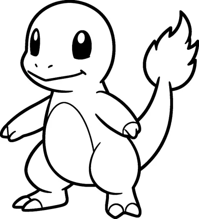 Charmander, the little fire lizard Pokémon, stands smiling with one arm out and a flickering flame on the tip of its tail.