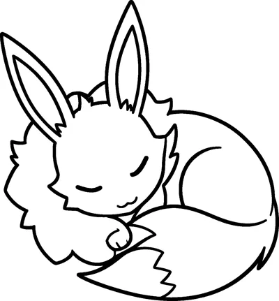 Eevee curled into a ball, fast asleep with closed eyes, its fluffy tail wrapped around its body.