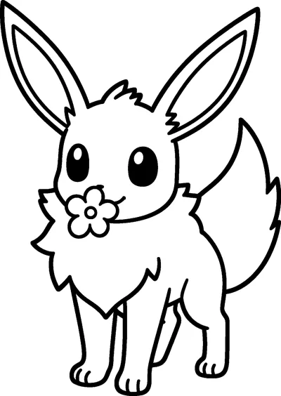 Eevee standing with a small flower held in its mouth, big ears up and a bushy tail behind.