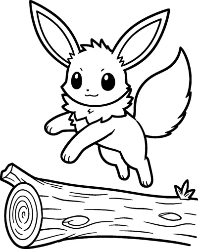 Eevee leaping through the air over a fallen log with its ears back and bushy tail streaming behind.