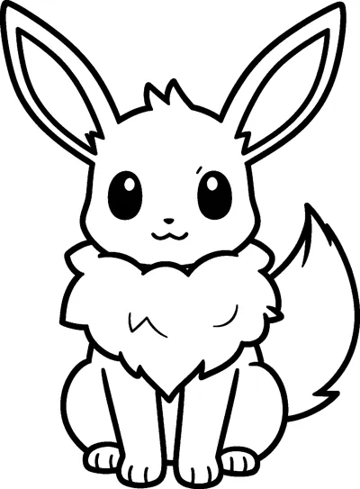 Eevee sits neatly on the ground with its big pointed ears up, a fluffy fur collar around its neck and a bushy tail.