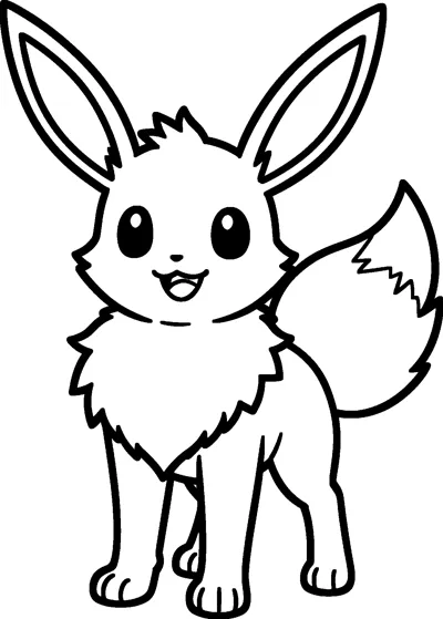 Eevee standing on all four legs with a happy open smile, tall ears, fluffy neck ruff and a bushy tail.