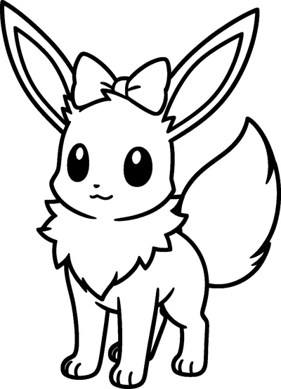 Eevee standing and facing forward with a big bow tied between its ears and a fluffy ruff.