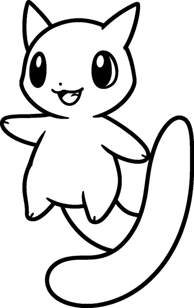 Mew floats in the air with a happy open smile, its small arms out, pointed ears up and a long curling tail below.