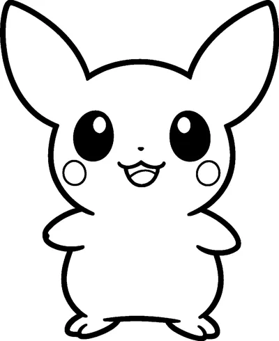 Line drawing of Pichu, the tiny baby Pokémon, standing with big pointed ears, round cheeks, little arms out and a wide smile.