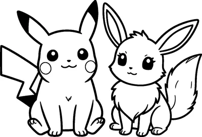 Pikachu and Eevee sit side by side as friends, Pikachu with its lightning-bolt tail and Eevee with its fluffy collar and bushy tail.