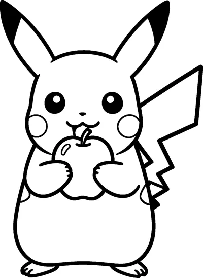 Line drawing of Pikachu standing with its lightning tail behind it, holding an apple in both paws and taking a happy bite.